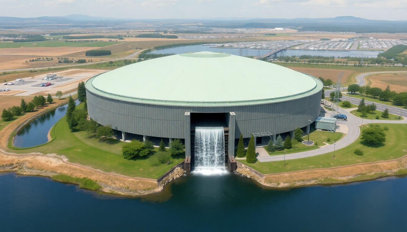 Aerial rendering of a Planetary Power Generation facility with integrated water outflow